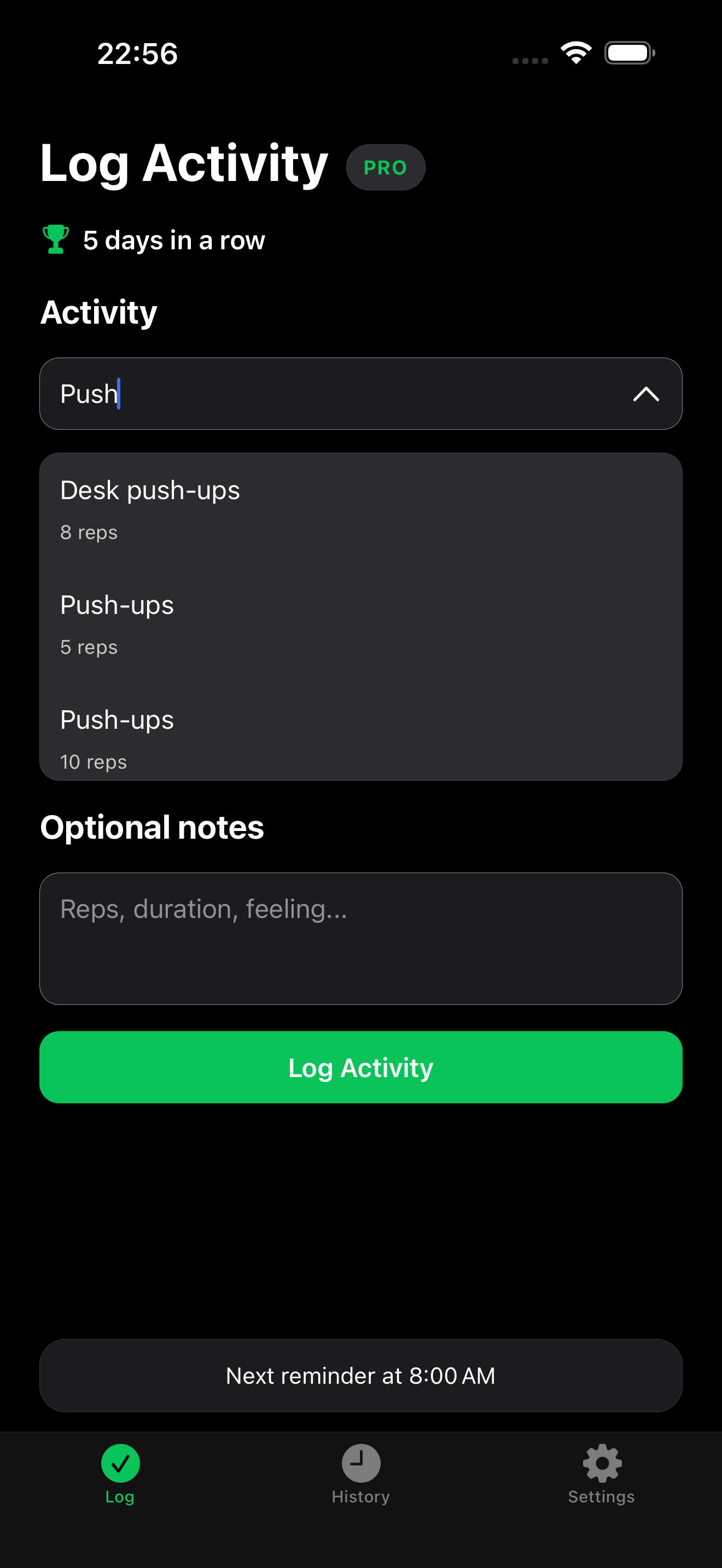 Little Moves Log screen